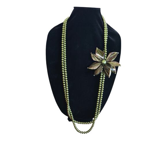 Green Beaded Flower Statement Necklace | Long Double Strand | NIB - Picture 3 of 4